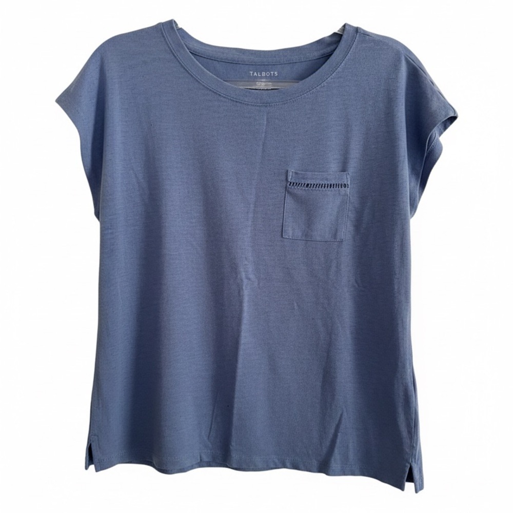 Talbots Blue Linen Blend Crochet Pocket T-Shirt Large